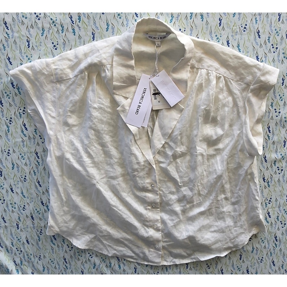 Veronica Beard White 100% Linen Button Down Short‎ Sleeve Shirt XL NWT $298
